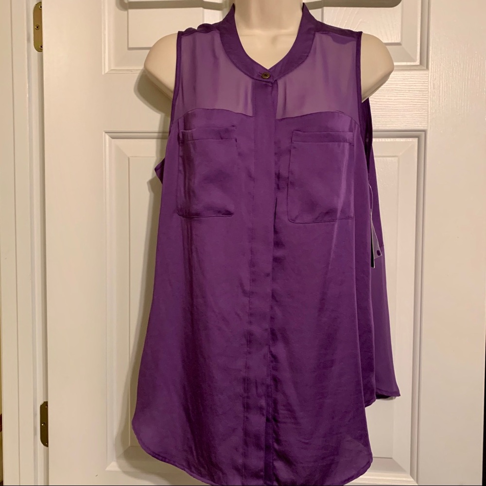 a.n.a Sleeveless Sheer Hem Tunic Blouse Purple Chiffon Violet Top Large NWT